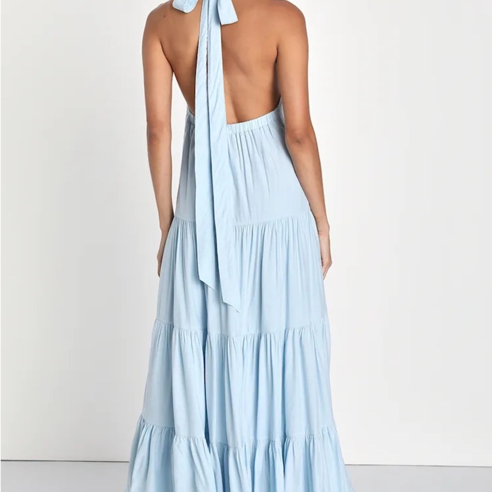 Breezy Radiance Light Blue Tiered Halter High-Low Maxi Dress - Picture 2 of 4